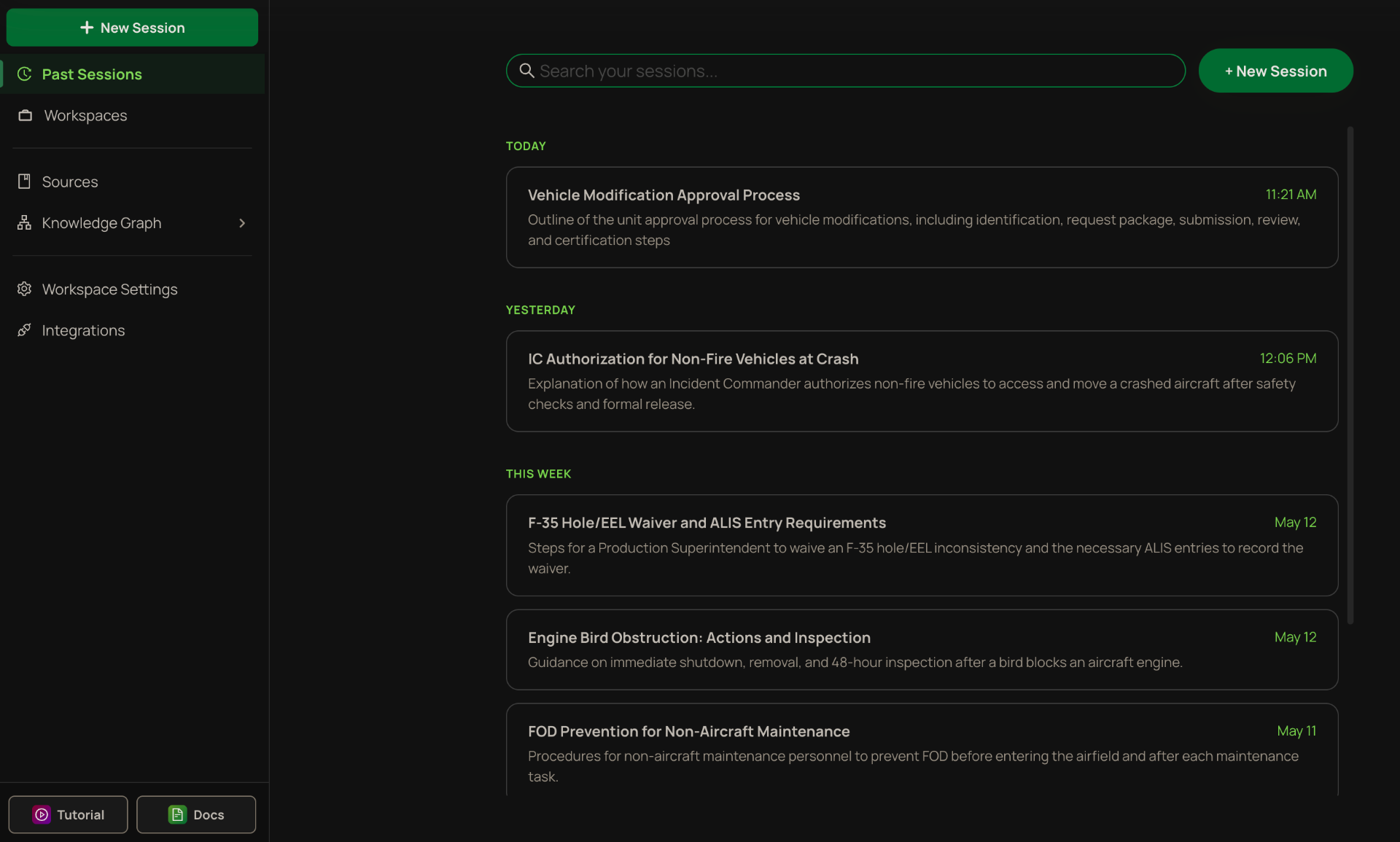 Past sessions list showing searchable history