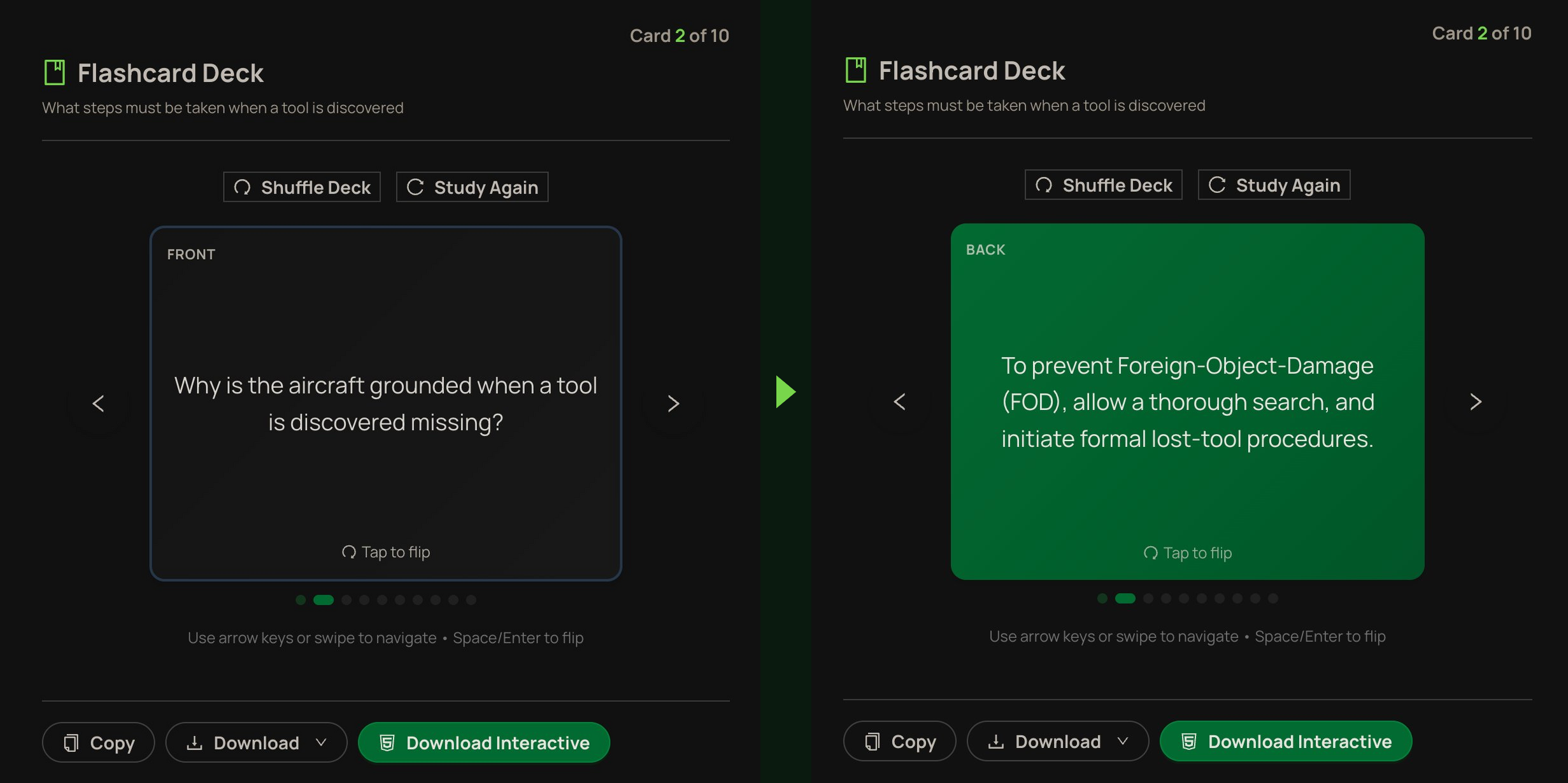 Flashcard deck — front shows question, back shows cited answer