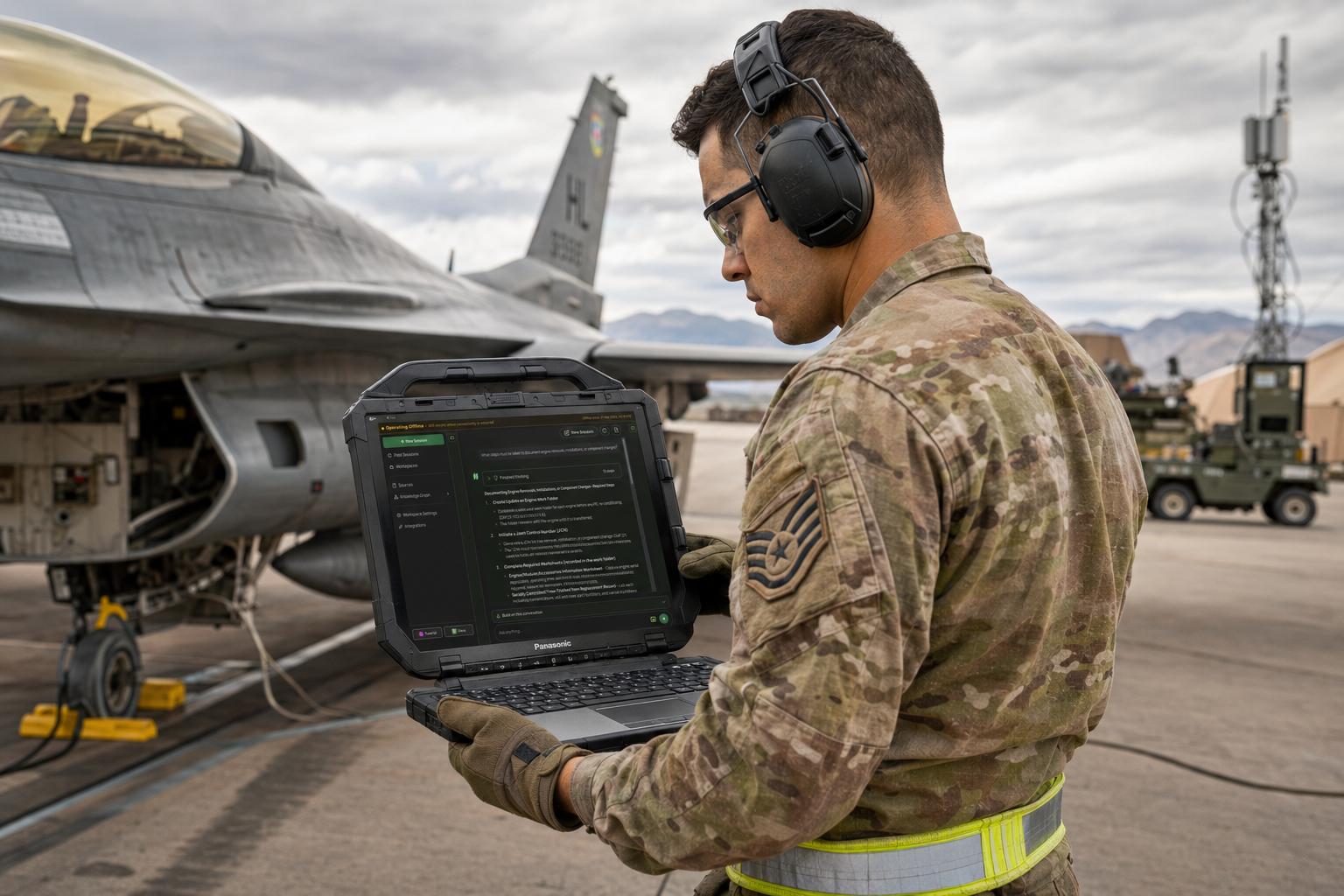 Maintainer using Implicit on a rugged Toughbook on the flightline