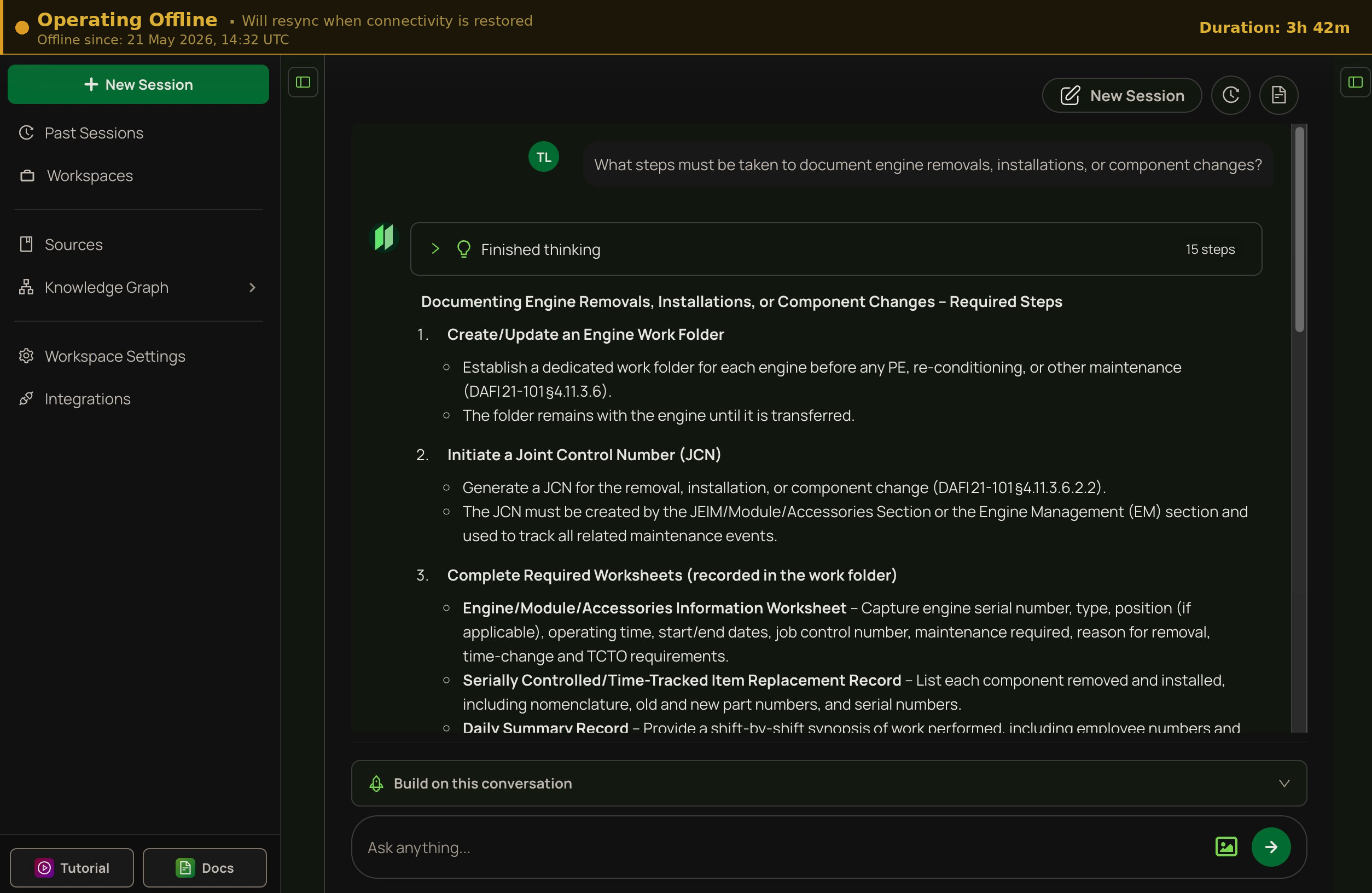 Implicit operating offline with amber status banner showing sync status