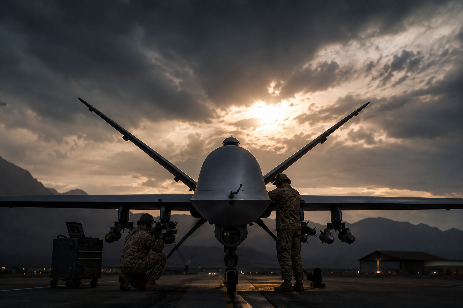 MQ-9 Reaper drone on flightline at dusk