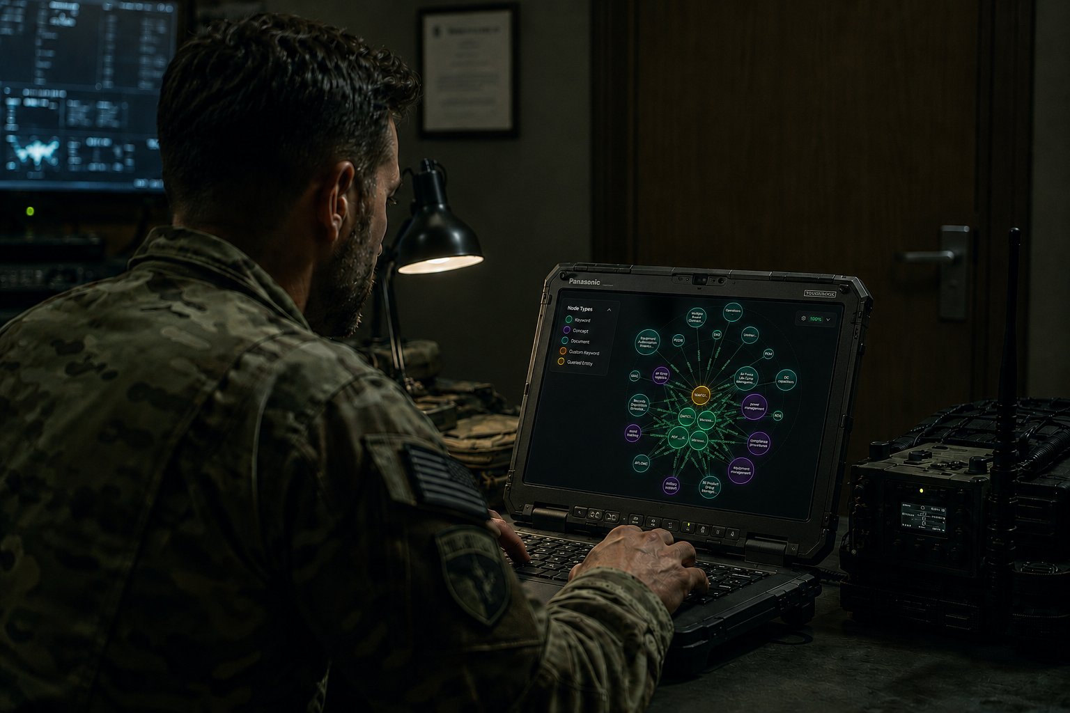 Military operator reviewing Implicit knowledge graph on a Toughbook in a secure operations center